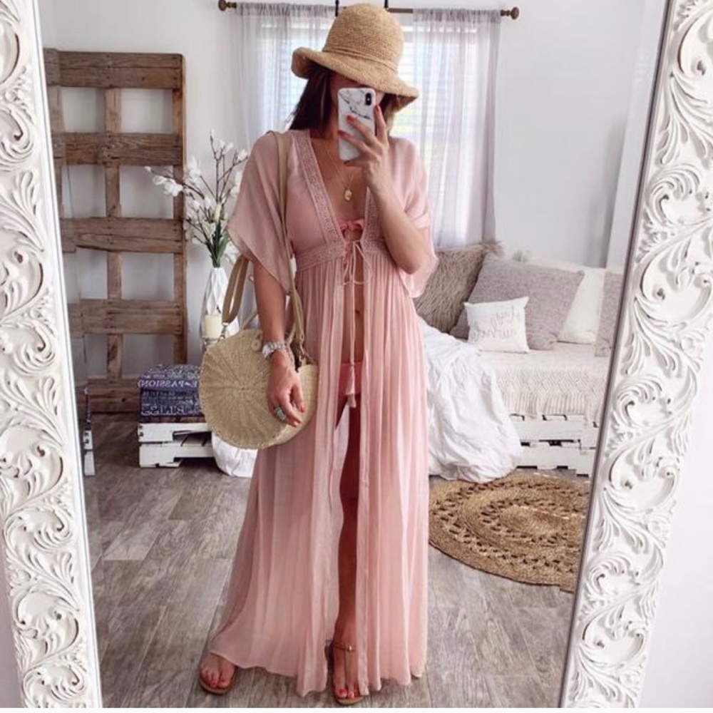 New! Pink Sheer Kimono Lace Up Cover Up